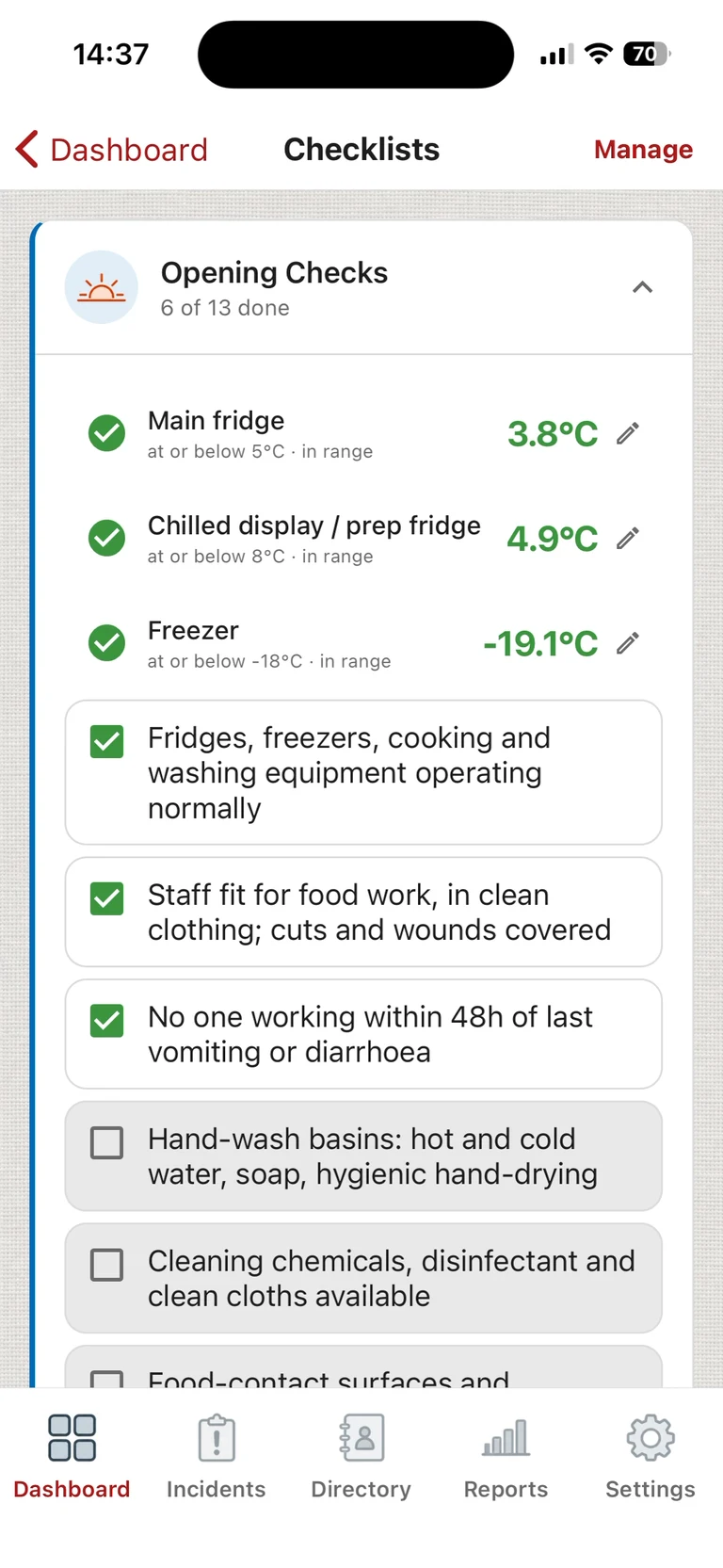 ChefsRecords opening checks in progress: main fridge 3.8C, chilled display 4.9C and freezer -19.1C recorded against their limits, with the hygiene checks being ticked off