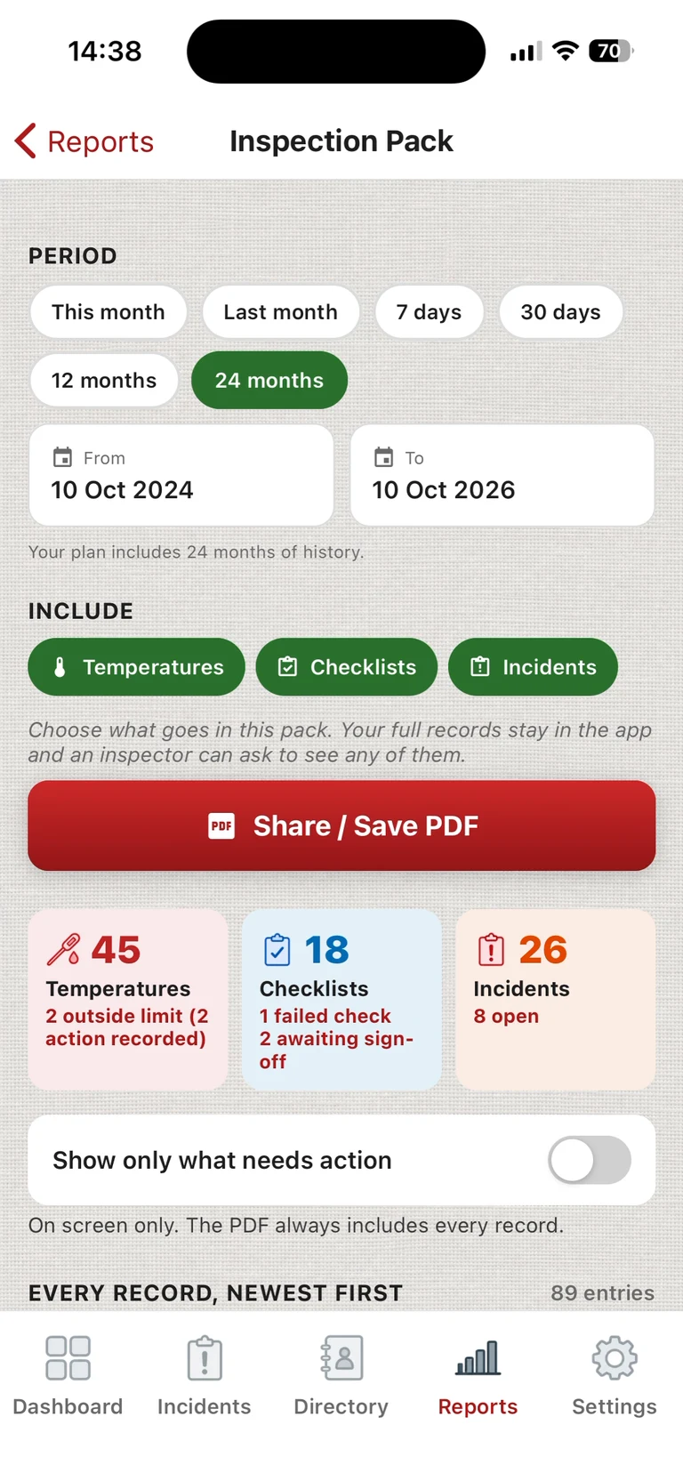ChefsRecords Inspection Pack for a 24 month period with temperatures, checklists and incidents included, a Share / Save PDF button, and totals of 45 temperatures, 18 checklists and 26 incidents