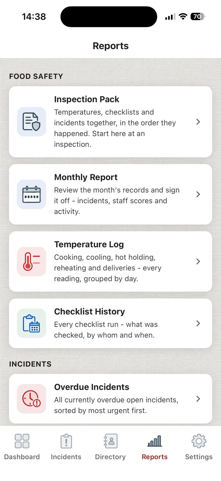 ChefsRecords reports list: Inspection Pack, Monthly Report, Temperature Log, Checklist History and Overdue Incidents
