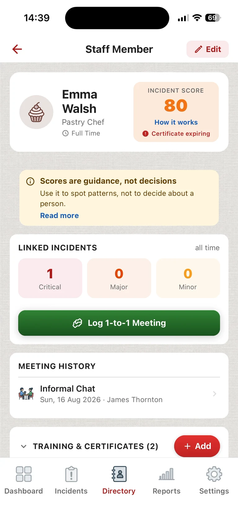 ChefsRecords staff file for a pastry chef: an incident score of 80 with a note that scores are guidance, not decisions, and a certificate about to expire