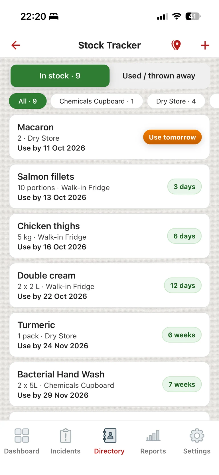 ChefsRecords stock tracker: nine items in stock, filtered by storage place, each with its use-by date and a countdown